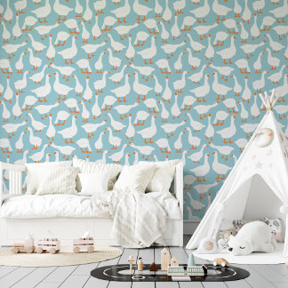 Blue White Fun Geese Seamless Pattern Behang