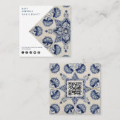 Blue White Geometric Flower QR Code Vierkante Visitekaartje (Voorkant / Achterkant)