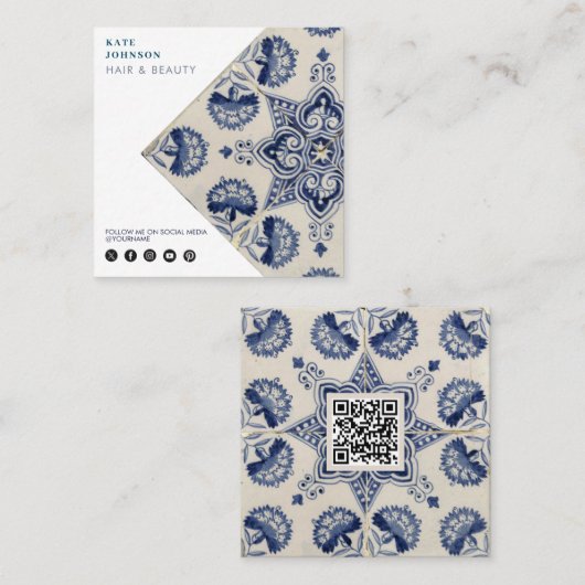  Blue White Geometric Flower QR Code Vierkante Visitekaartje (Voorkant / Achterkant)
