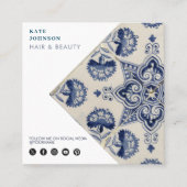  Blue White Geometric Flower QR Code Vierkante Visitekaartje (Voorkant)