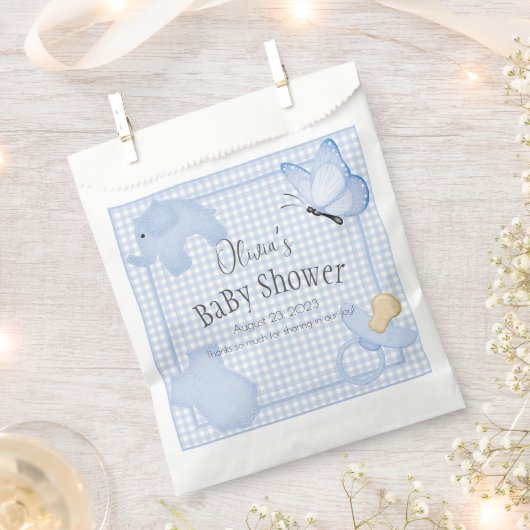 Blue White Gingham Boy Baby shower Bedankzakje (Geknipt)