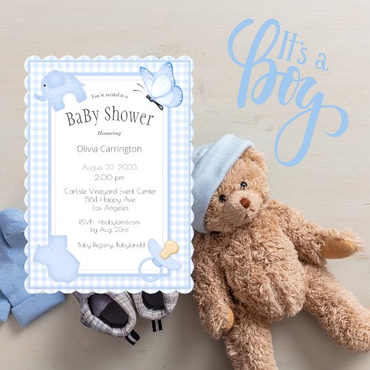 Blue White Gingham Boy Baby shower Invitation Kaart