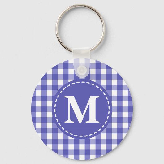 Blue White Gingham Check Pattern Monogram Sleutelhanger (Voorkant)
