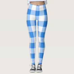 Blue & White Gingham Checkered Pattern Leggings