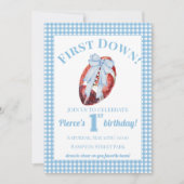 Blue & White Gingham Football 1e verjaardag Kaart (Voorkant)