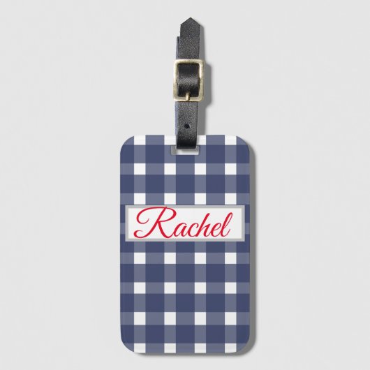 Blue White Gingham Personalized Bagagelabel (Voorkant (verticaal))