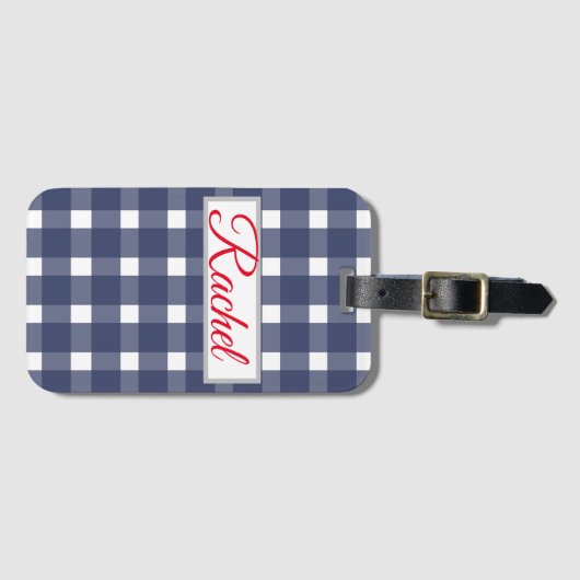 Blue White Gingham Personalized Bagagelabel (Voorkant (horizontaal))
