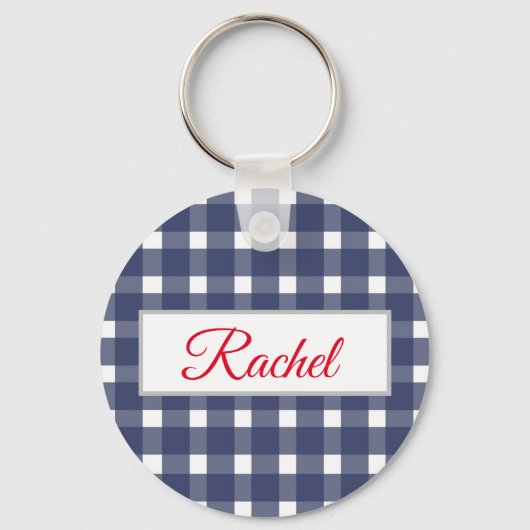 Blue White Gingham Personalized Sleutelhanger (Voorkant)