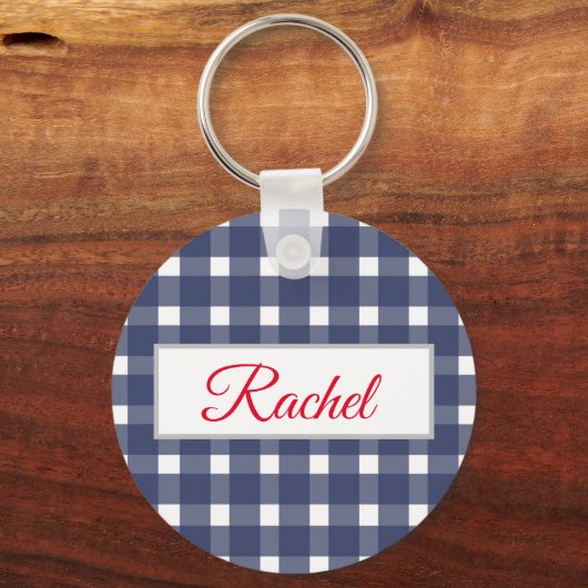Blue White Gingham Personalized Sleutelhanger (Voorkant)