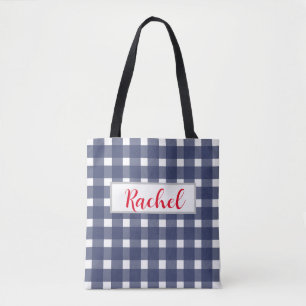 Blue White Gingham Personalized Tote Bag