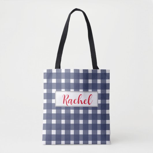 Blue White Gingham Personalized Tote Bag (Voorkant)