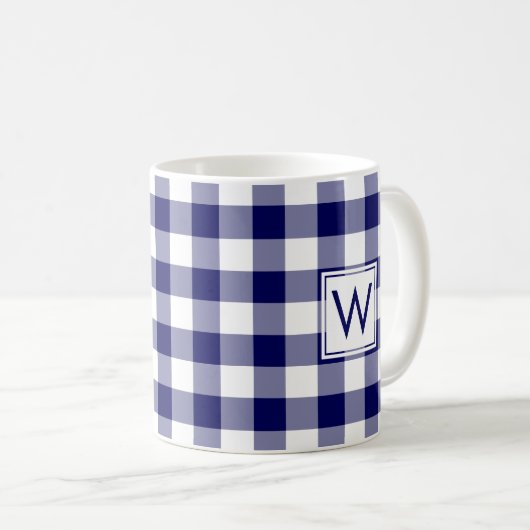 Blue White Gingham Pset Pattern met Monogram Koffiemok (Voorkant rechts)