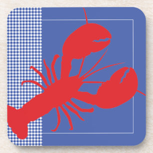 Blue White Gingham Red Lobster Coastal Maine Bier Onderzetter