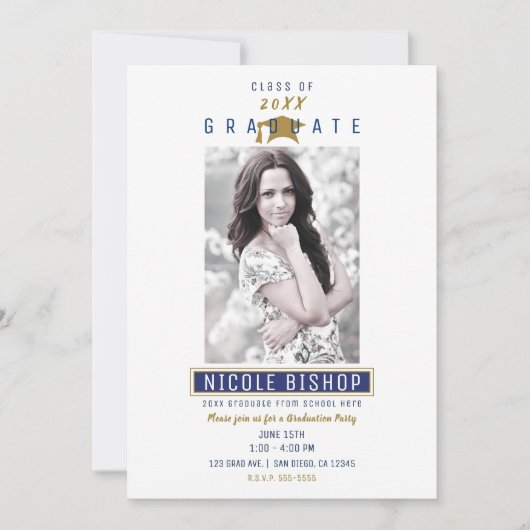 Blue White Gold Colors Photo Graduparty Kaart (Voorkant)