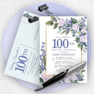 Blue White Gold Floral 100e verjaardag Uitnodiging Briefkaart