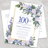 Blue White Gold Floral 100e verjaardag Uitnodiging Briefkaart
