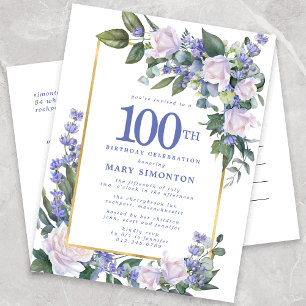 Blue White Gold Floral 100e verjaardag Uitnodiging Briefkaart