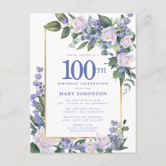 Blue White Gold Floral 100e verjaardag Uitnodiging Briefkaart (Voorkant)