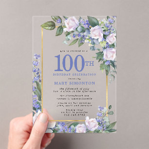 Blue White Gold Floral 100th Birthday Acryl Uitnodigingen