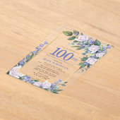 Blue White Gold Floral 100th Birthday Acryl Uitnodigingen (Laagn)