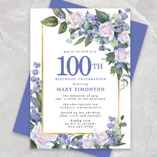Blue White Gold Floral 100th Birthday Kaart