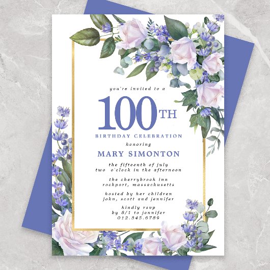 Blue White Gold Floral 100th Birthday Kaart