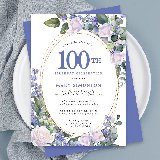 Blue White Gold Floral 100th Birthday Kaart