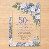 Blue White Gold Floral 50th Birthday Acryl Uitnodigingen (Voorkant)