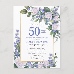 Blue White Gold Floral 50th Birthday Party Uitnodiging Briefkaart
