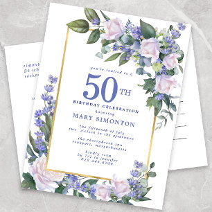 Blue White Gold Floral 50th Birthday Party Uitnodiging Briefkaart