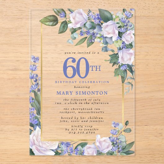 Blue White Gold Floral 60th Birthday Acryl Uitnodigingen (Voorkant)