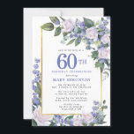 Blue White Gold Floral 60th Birthday Kaart<br><div class="desc">Eer een speciale vrouw met deze elegante en vrouwelijke 60th Birthday party uitnodiging. De 60ste is geschreven in grote blauwe tekst. De viering van de verjaardag volgt. De naam van de geëerde gast staat ook in blauwe hoofdletters. De rest van de tekst is zachte duif grijs. De verjaardagsfeestdetails zijn omringd...</div>
