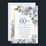 Blue White Gold Floral 60th Birthday Kaart<br><div class="desc">Eer een speciale vrouw met deze elegante en vrouwelijke 60th Birthday party uitnodiging. De 60ste is geschreven in grote blauwe tekst. De viering van de verjaardag volgt. De naam van de geëerde gast staat ook in blauwe hoofdletters. De rest van de tekst is zachte duif grijs. De verjaardagsfeestdetails zijn omringd...</div>