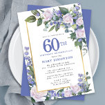 Blue White Gold Floral 60th Birthday Kaart<br><div class="desc">Eer een speciale vrouw met deze elegante en vrouwelijke 60ste verjaardag uitnodiging. De 60e is geschreven in grote blauwe tekst. Verjaardagsviering volgt. De naam van de geëerde gast is ook in blauwe hoofdletters. De rest van de tekst is zacht dove grijs. De verjaardagsfeestdetails zijn omgeven door een chique gouden lijst...</div>