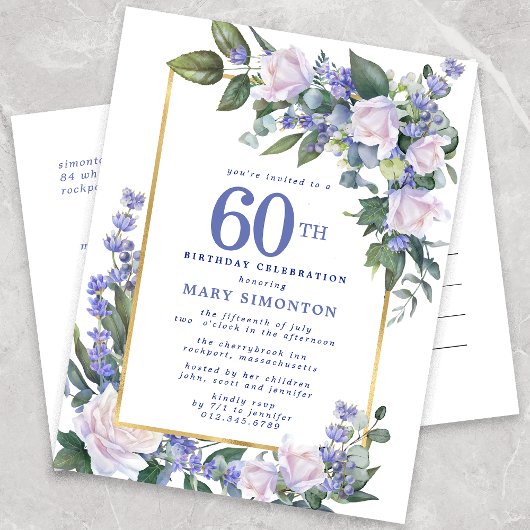 Blue White Gold Floral 60th Birthday Party Uitnodiging Briefkaart