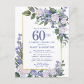 Blue White Gold Floral 60th Birthday Party Uitnodiging Briefkaart (Voorkant)