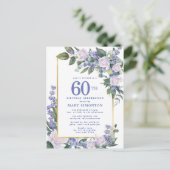 Blue White Gold Floral 60th Birthday Party Uitnodiging Briefkaart (Staand voorkant)