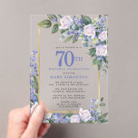 Blue White Gold Floral 70th Birthday Acryl Uitnodigingen<br><div class="desc">Eer een speciale vrouw met deze elegante en vrouwelijke 70th Birthday party uitnodiging. De 70ste is geschreven in grote blauwe tekst. De viering van de verjaardag volgt. De naam van de geëerde gast staat ook in blauwe hoofdletters. De rest van de tekst is zachte duif grijs. De verjaardagsfeestdetails zijn omringd...</div>
