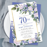 Blue White Gold Floral 70th Birthday Kaart<br><div class="desc">Eer een speciale vrouw met deze elegante en vrouwelijke 70th Birthday party uitnodiging. De 70ste is geschreven in grote blauwe tekst. De viering van de verjaardag volgt. De naam van de geëerde gast staat ook in blauwe hoofdletters. De rest van de tekst is zachte duif grijs. De verjaardagsfeestdetails zijn omringd...</div>