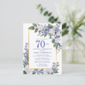 Blue White Gold Floral 70th Birthday Party Uitnodiging Briefkaart (Staand voorkant)
