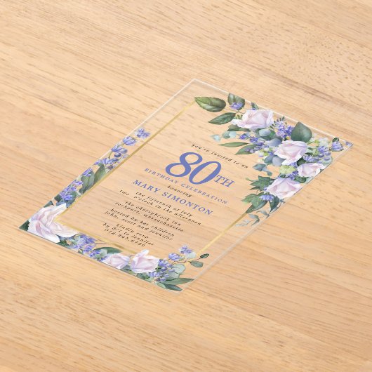 Blue White Gold Floral 80th Birthday Acryl Uitnodigingen (Laagn)