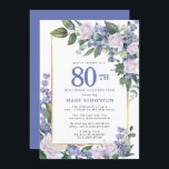 Blue White Gold Floral 80th Birthday Kaart<br><div class="desc">Eer een speciale vrouw met deze elegante en vrouwelijke 80th Birthday party uitnodiging. De 80ste is geschreven in grote blauwe tekst. De viering van de verjaardag volgt. De naam van de geëerde gast staat ook in blauwe hoofdletters. De rest van de tekst is zachte duif grijs. De verjaardagsfeestdetails zijn omringd...</div>