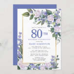 Blue White Gold Floral 80th Birthday Kaart<br><div class="desc">Eer een speciale vrouw met deze elegante en vrouwelijke 80th Birthday party uitnodiging. De 80ste is geschreven in grote blauwe tekst. De viering van de verjaardag volgt. De naam van de geëerde gast staat ook in blauwe hoofdletters. De rest van de tekst is zachte duif grijs. De verjaardagsfeestdetails zijn omringd...</div>