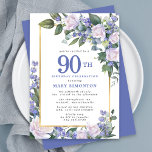 Blue White Gold Floral 90th Birthday Kaart<br><div class="desc">Eer een speciale vrouw met deze elegante en vrouwelijke 90th Birthday party uitnodiging. De 90ste is geschreven in grote blauwe tekst. De viering van de verjaardag volgt. De naam van de geëerde gast staat ook in blauwe hoofdletters. De rest van de tekst is zachte duif grijs. De verjaardagsfeestdetails zijn omringd...</div>