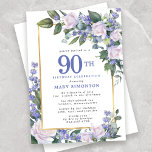 Blue White Gold Floral 90th Birthday Kaart<br><div class="desc">Eer een speciale vrouw met deze elegante en vrouwelijke 90th Birthday party uitnodiging. De 90ste is geschreven in grote blauwe tekst. De viering van de verjaardag volgt. De naam van de geëerde gast staat ook in blauwe hoofdletters. De rest van de tekst is zachte duif grijs. De verjaardagsfeestdetails zijn omringd...</div>