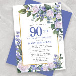 Blue White Gold Floral 90th Birthday Kaart<br><div class="desc">Eer een speciale vrouw met deze elegante en vrouwelijke 90th Birthday party uitnodiging. De 90ste is geschreven in grote blauwe tekst. De viering van de verjaardag volgt. De naam van de geëerde gast staat ook in blauwe hoofdletters. De rest van de tekst is zachte duif grijs. De verjaardagsfeestdetails zijn omringd...</div>