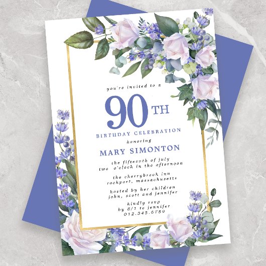 Blue White Gold Floral 90th Birthday Kaart