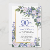 Blue White Gold Floral 90th Birthday Kaart (Voorkant)