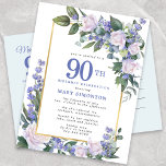 Blue White Gold Floral 90th Birthday Party Uitnodiging Briefkaart<br><div class="desc">Eer een speciale vrouw met deze elegante en vrouwelijke 90th Birthday party uitnodiging. De 90ste is geschreven in grote blauwe tekst. De viering van de verjaardag volgt. De naam van de geëerde gast staat ook in blauwe hoofdletters. De rest van de tekst is zachte duif grijs. De verjaardagsfeestdetails zijn omringd...</div>