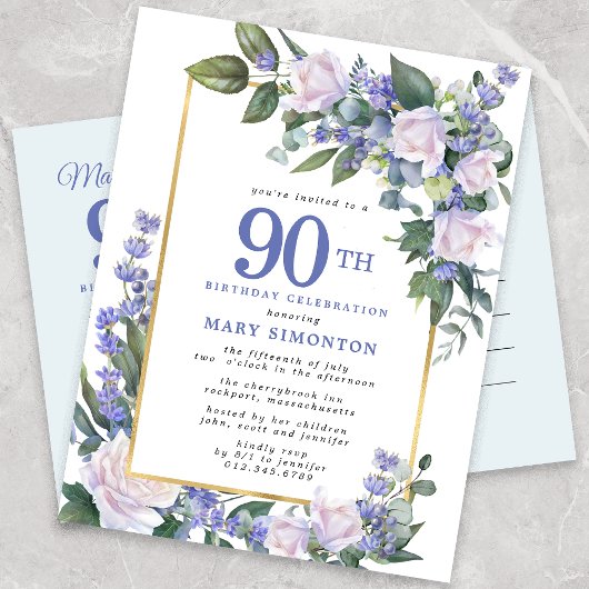 Blue White Gold Floral 90th Birthday Party Uitnodiging Briefkaart